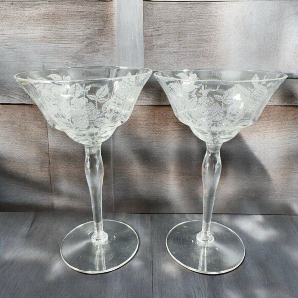 Morgantown American Glass Goblet Cups‎ Set 2 Clear Rose Flower Etched Pattern